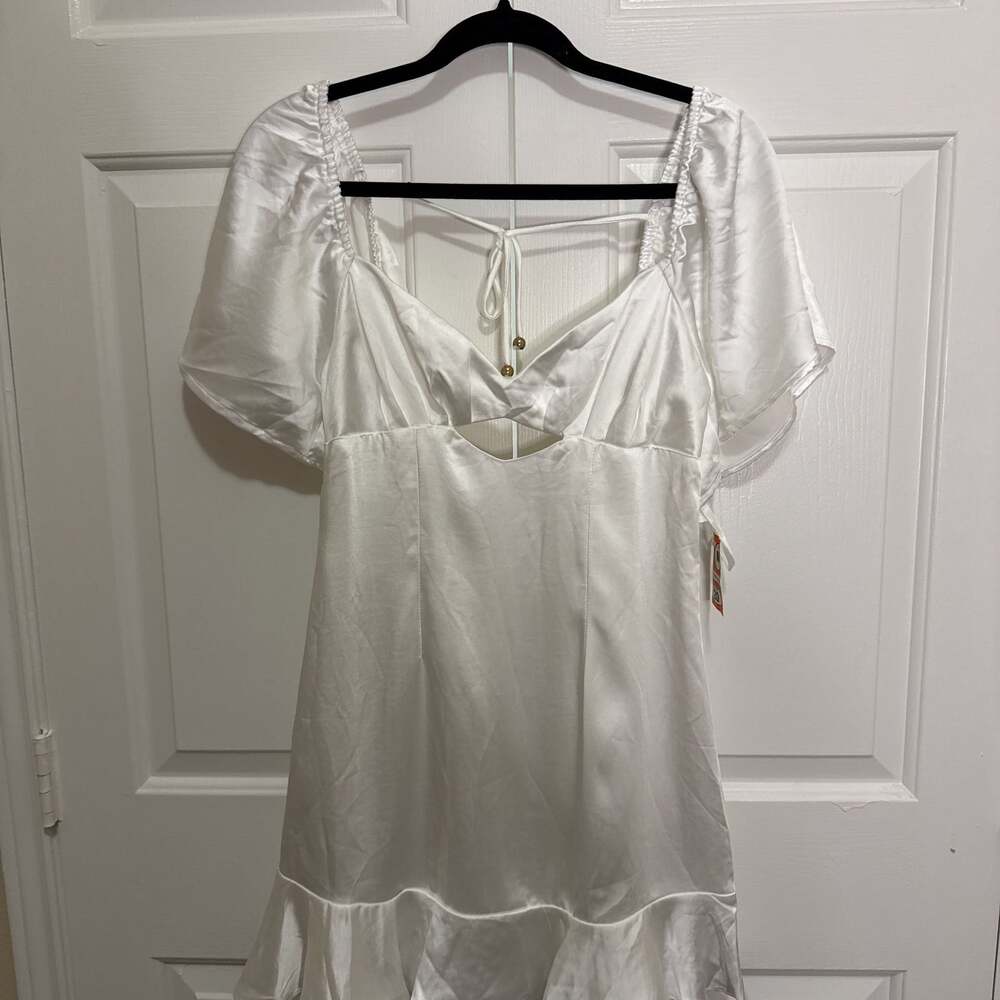 Shop the Eyes On You Pleated Bust Angel Sleeve Ruffle Hem Dress White
